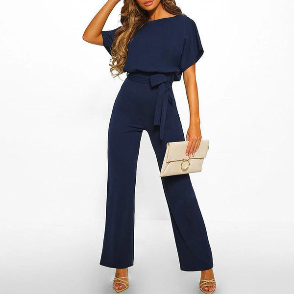 Damska Kombinezon z krótkim rękawem, szerokimi nogawkami i wiązaniem w talii-Jumpsuits for women-Olave