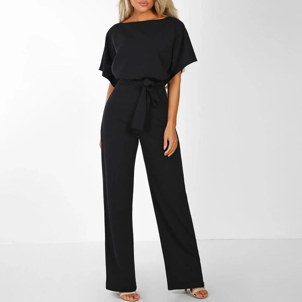 Damska Kombinezon z krótkim rękawem, szerokimi nogawkami i wiązaniem w talii-Jumpsuits for women-Olave