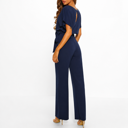 Damska Kombinezon z krótkim rękawem, szerokimi nogawkami i wiązaniem w talii-Jumpsuits for women-Olave