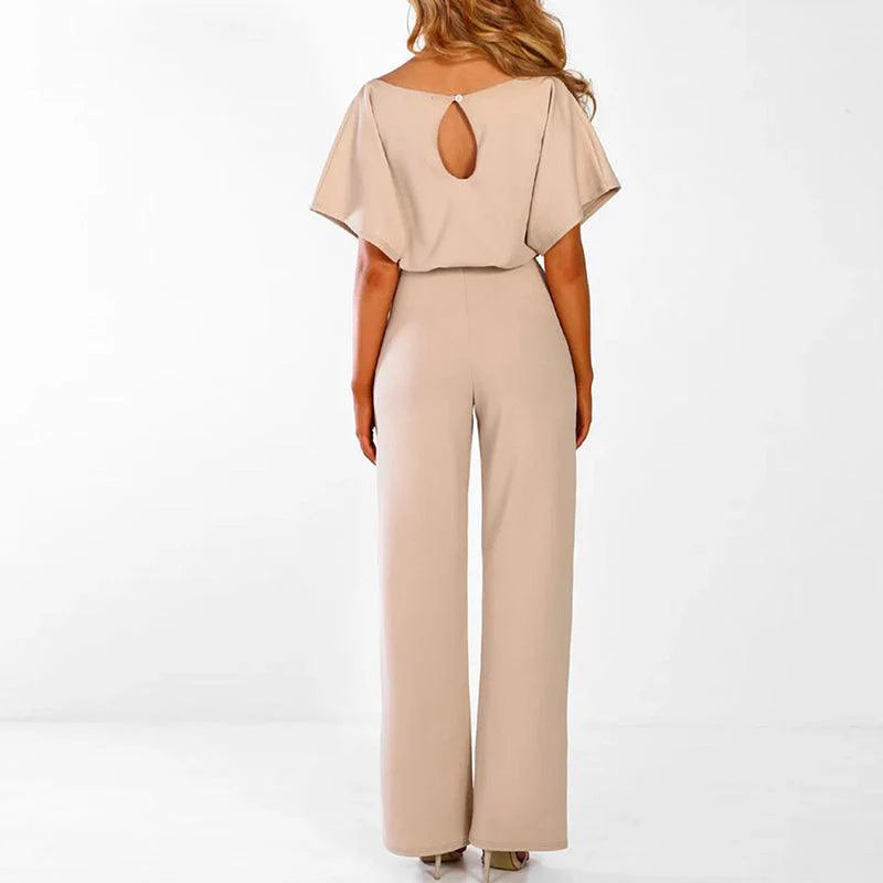 Damska Kombinezon z krótkim rękawem, szerokimi nogawkami i wiązaniem w talii-Jumpsuits for women-Olave