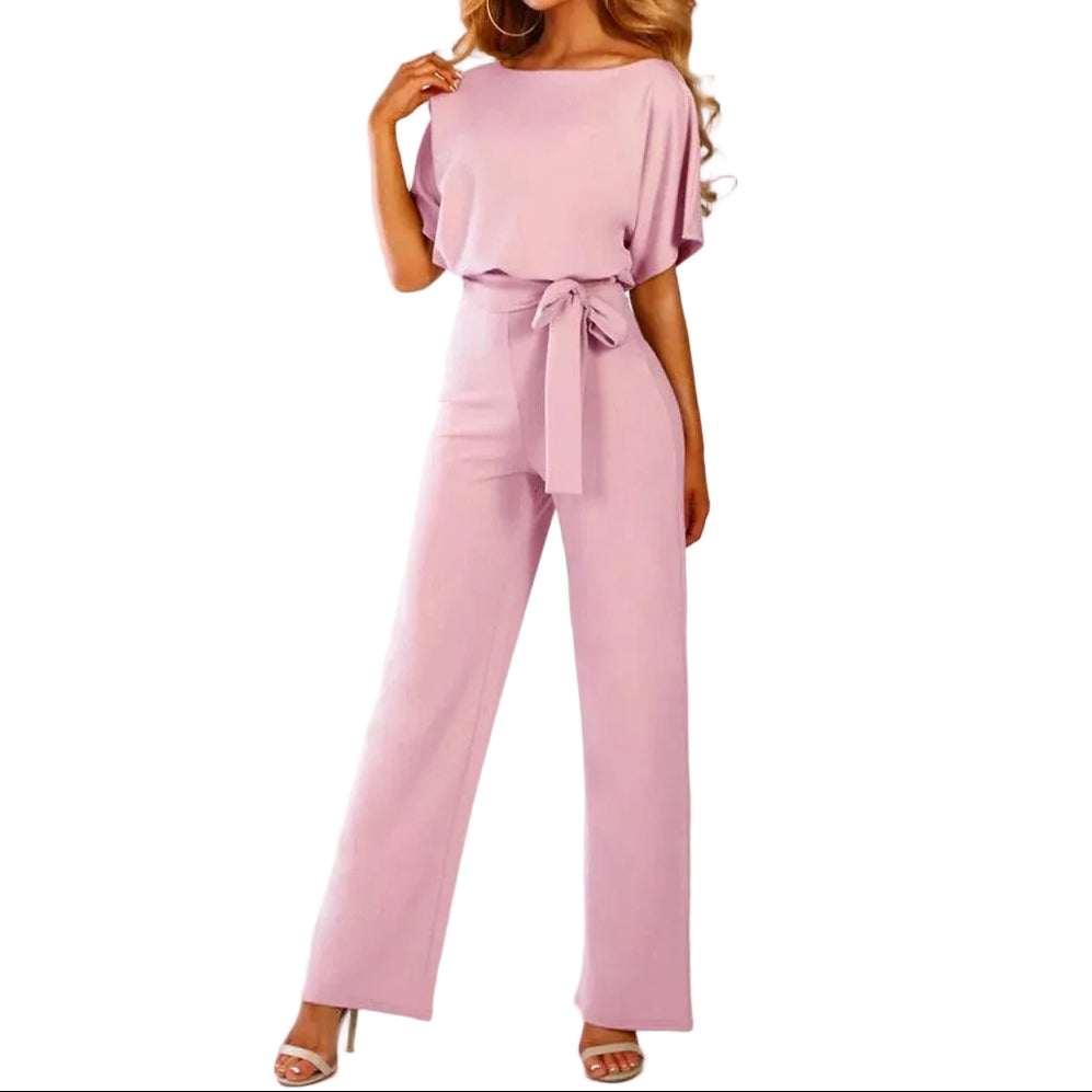 Damska Kombinezon z krótkim rękawem, szerokimi nogawkami i wiązaniem w talii-Jumpsuits for women-Olave