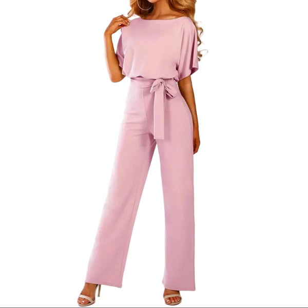 Damska Kombinezon z krótkim rękawem, szerokimi nogawkami i wiązaniem w talii-Jumpsuits for women-Olave