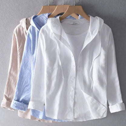 Damska koszula z kapturem i zapięciem na guziki-Shirts for women-Olave