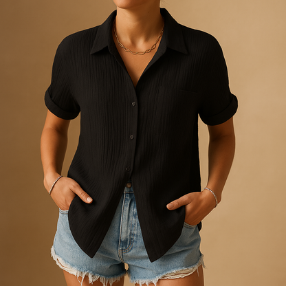 Damska koszula z krótkim rękawem, kołnierzykiem i kieszenią na piersi-Blouses for women-Olave
