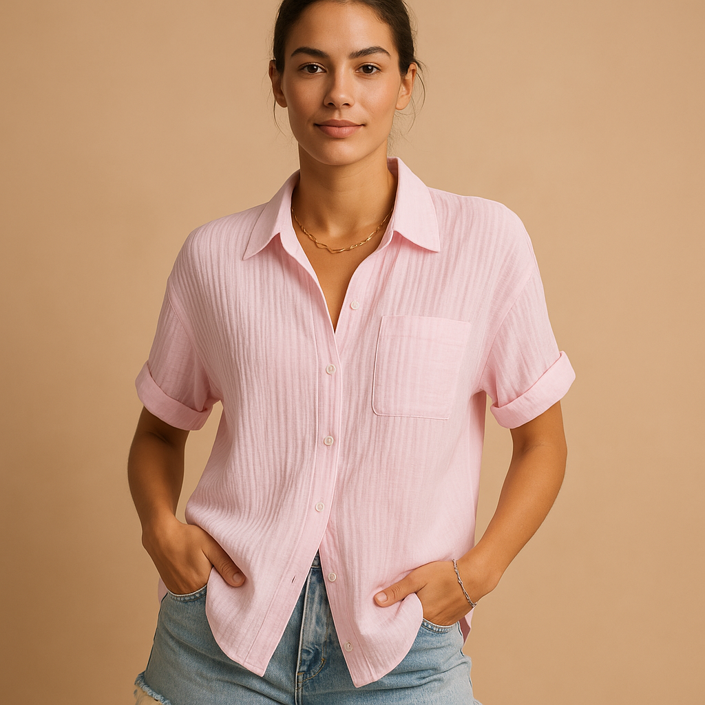 Damska koszula z krótkim rękawem, kołnierzykiem i kieszenią na piersi-Blouses for women-Olave