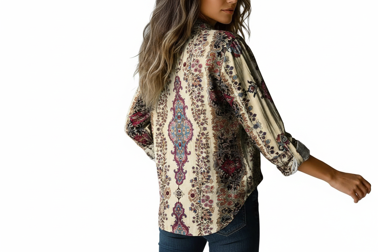 Damska koszula z ornamentowym nadrukiem i zapięciem na guziki-Shirts for women-Olave