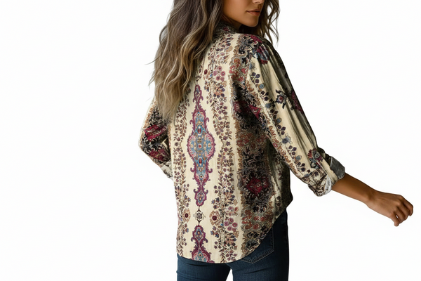 Damska koszula z ornamentowym nadrukiem i zapięciem na guziki-Shirts for women-Olave
