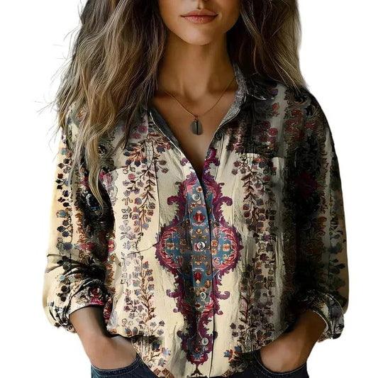 Damska koszula z ornamentowym nadrukiem i zapięciem na guziki-Shirt for women-Olave