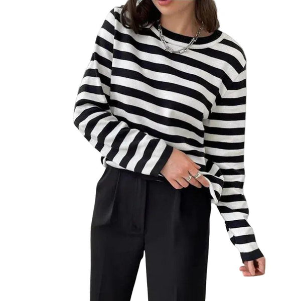 Damska Koszulka z długim rękawem w paski z okrągłym dekoltem-Shirts for women-Olave