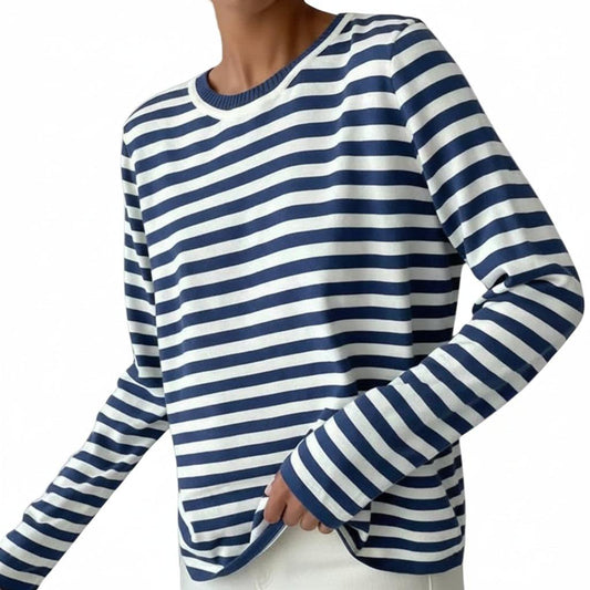 Damska Koszulka z długim rękawem w paski z okrągłym dekoltem-Shirt for women-Olave