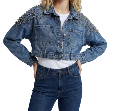 Damska krótka kurtka jeansowa z nitami na ramionach-Jackets for Women-Olave
