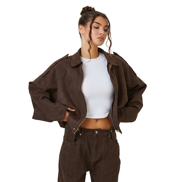Damska krótka kurtka typu bomber z pagonami na ramionach-Jacket for women-Olave