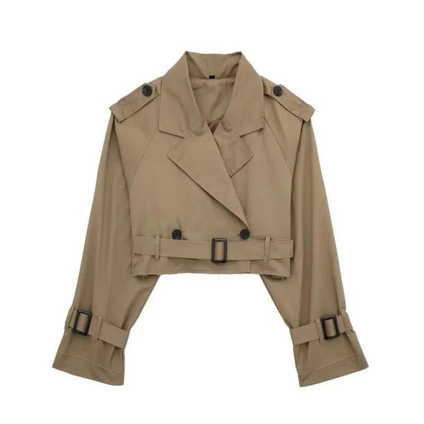 Damska krótka kurtka typu trencz z podwójnym zapięciem-Coats for Women-Olave
