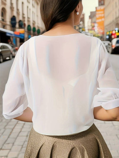 Damska krótka półprzezroczysta bluzka z wiązaniem z przodu i krótkimi rękawami-Blouses for Women-Olave