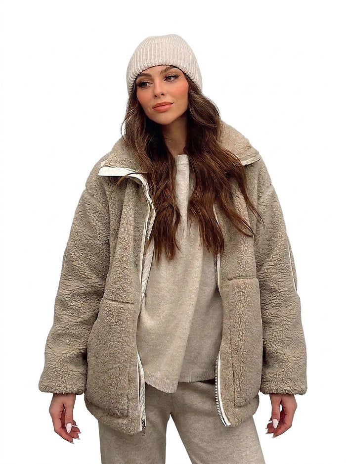 Damska kurtka bomberka z pluszowego polaru ze stójką-Jacket for women-Olave