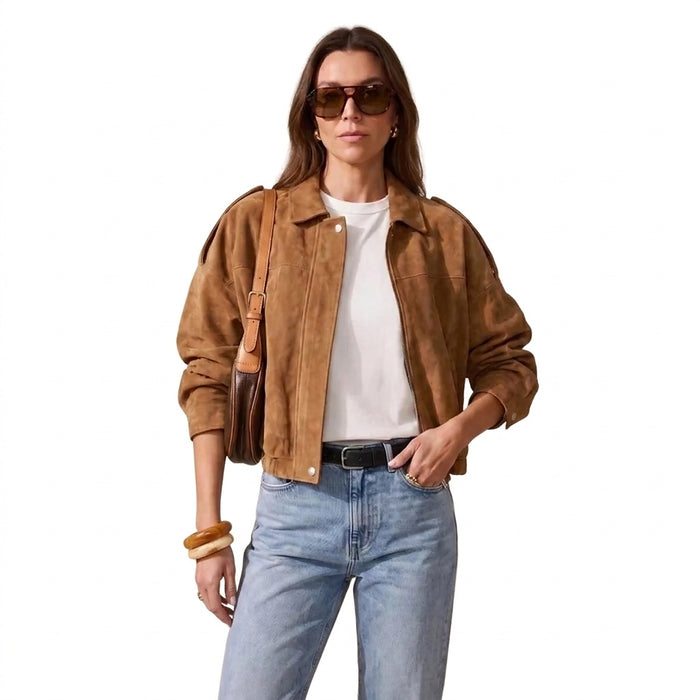 Damska kurtka bomberka z zamszu z zapięciem na zamek i guziki-Jacket for women-Olave