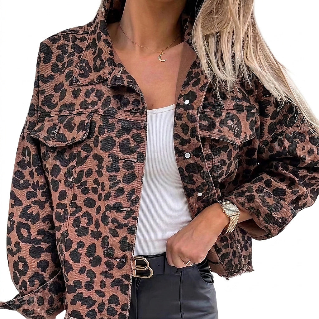 Damska kurtka jeansowa oversize w panterkę-Jacket for women-Olave