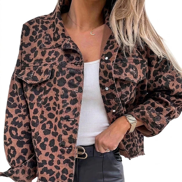 Damska kurtka jeansowa oversize w panterkę-Jacket for women-Olave