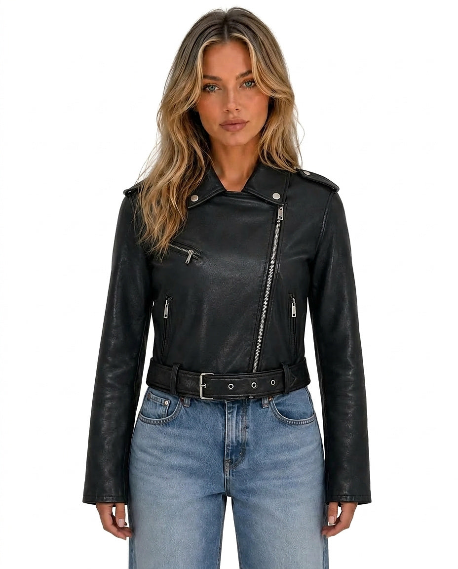 Damska kurtka motocyklowa z asymetrycznym zamkiem i paskiem-Jacket for women-Olave