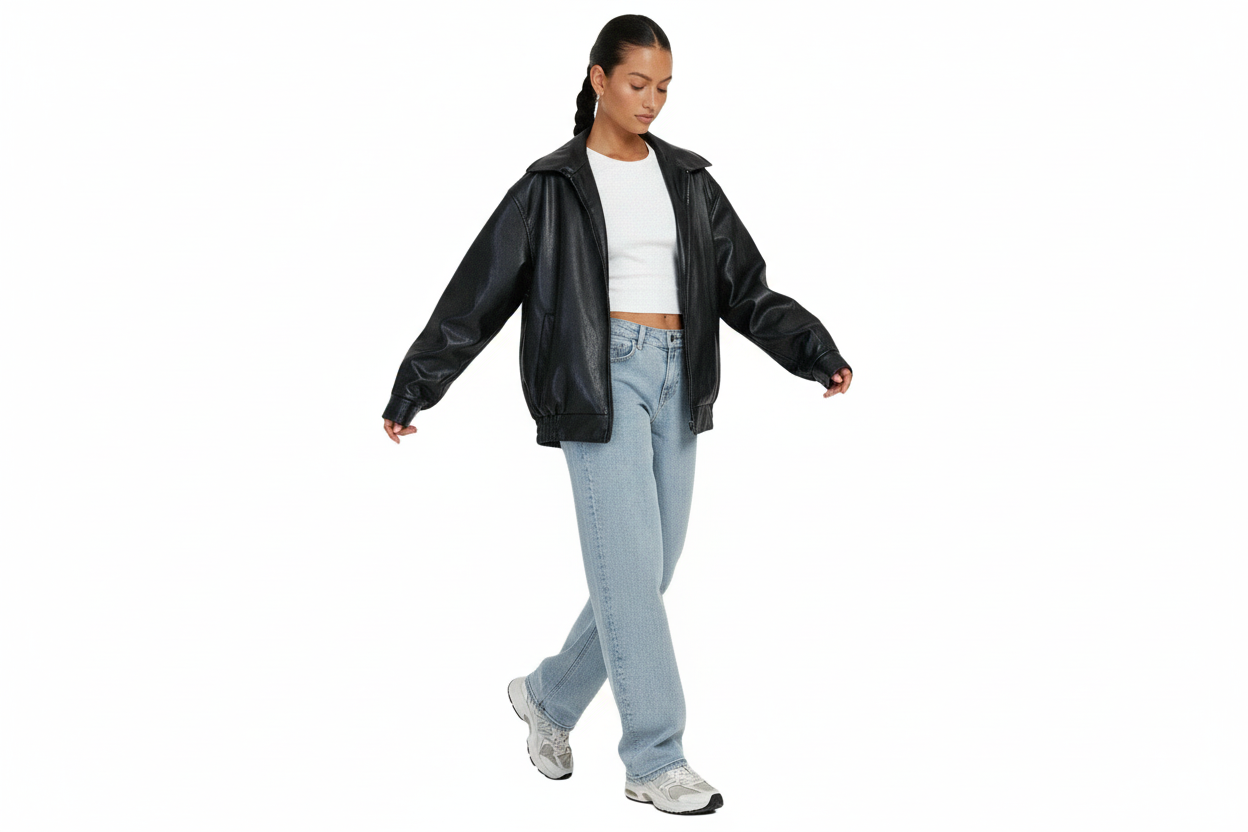 Damska kurtka oversize z imitacji skóry z zamkiem błyskawicznym z przodu-Jackets for Women-Olave