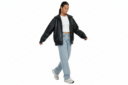 Damska kurtka oversize z imitacji skóry z zamkiem błyskawicznym z przodu-Jackets for Women-Olave