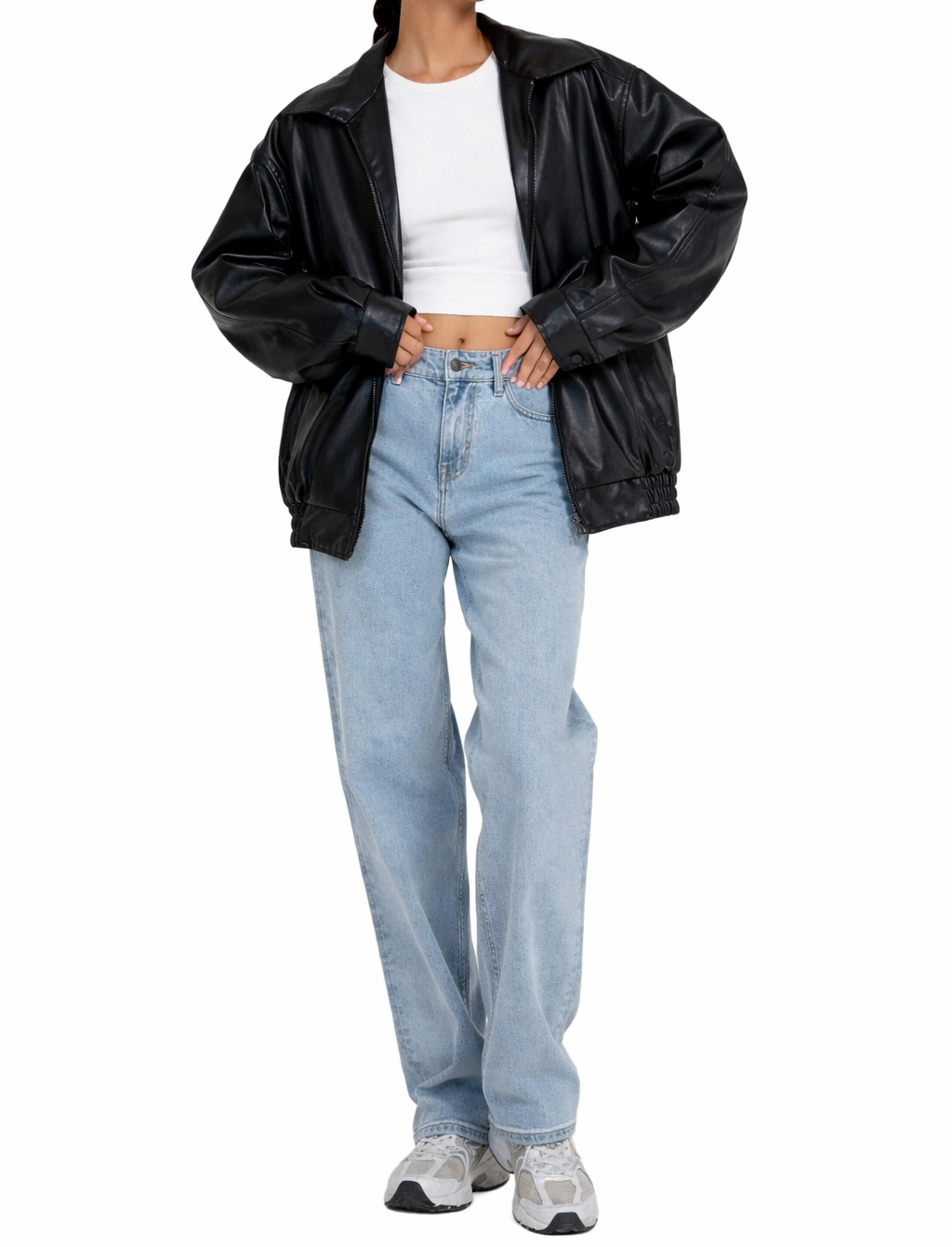 Damska kurtka oversize z imitacji skóry z zamkiem błyskawicznym z przodu-Jackets for Women-Olave