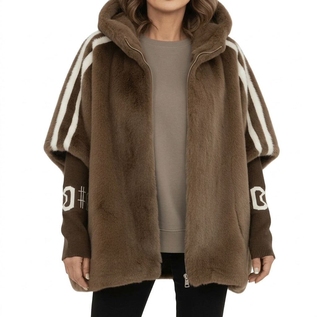 Damska kurtka oversize ze sztucznego futra z kapturem-Jacket for women-Olave