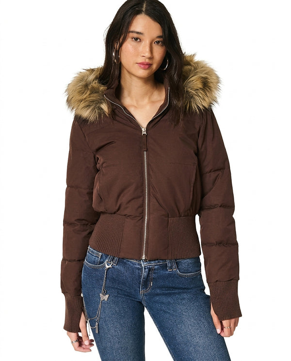 Damska kurtka puchowa z kapturem z futerkiem-Jacket for women-Olave