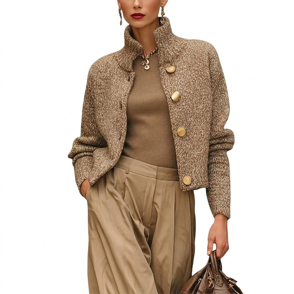 Damska kurtka z dzianiny o fakturze z guzikami w kolorze złota-Jacket for women-Olave