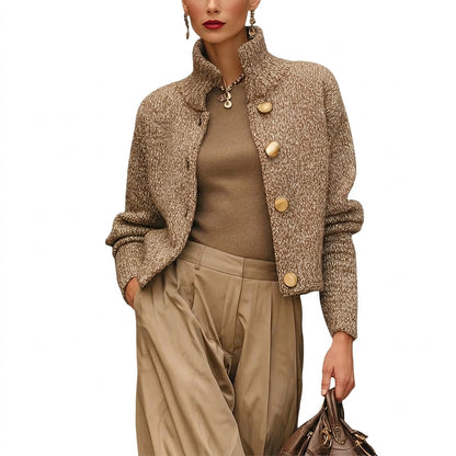 Damska kurtka z dzianiny o fakturze z guzikami w kolorze złota-Jacket for women-Olave