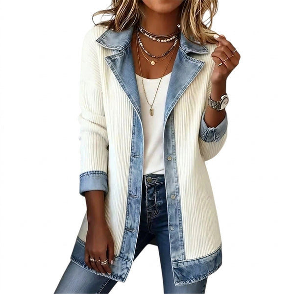 Damska kurtka z dzianiny prążkowanej z wykończeniem z denimu-Jacket for women-Olave