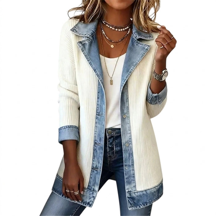 Damska kurtka z dzianiny prążkowanej z wykończeniem z denimu-Jacket for women-Olave