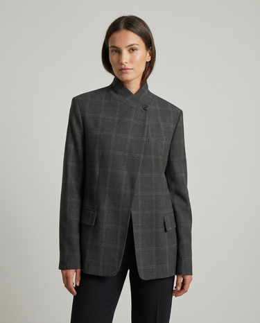 Damska marynarka o strukturalnym kroju ze stójką i asymetrycznym zapięciem-Blazers for Women-Olave