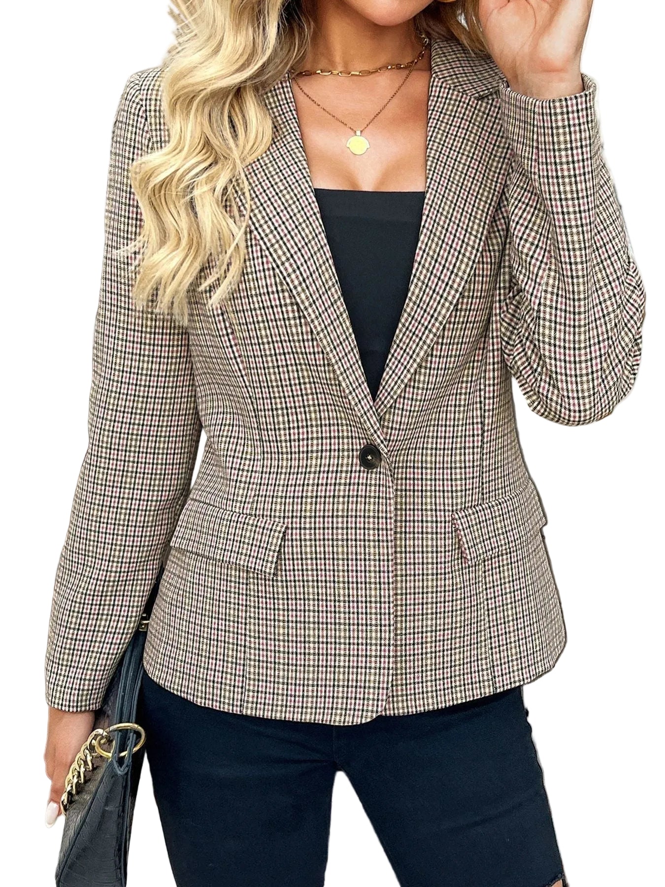Damska marynarka z klapami, jednym guzikiem i długimi rękawami-Blazers for Women-Olave