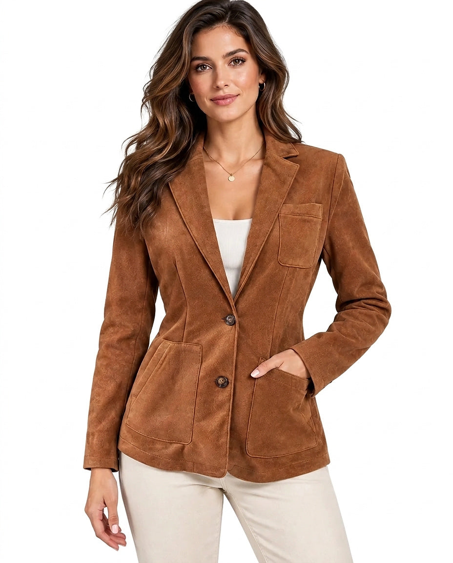 Damska marynarka z zamszu z naszywanymi kieszeniami-Blazers for women-Olave