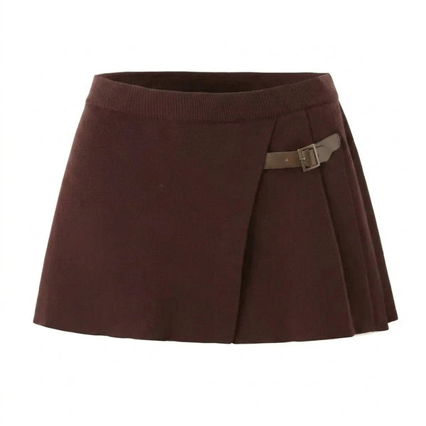 Damska mini spódniczka o fasonie kopertowym z plisowaniem i klamrą-Skirt for women-Olave