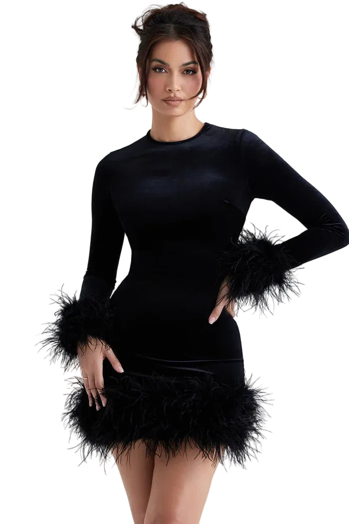 Damska mini sukienka z długim rękawem i wykończeniem z piór-Olave