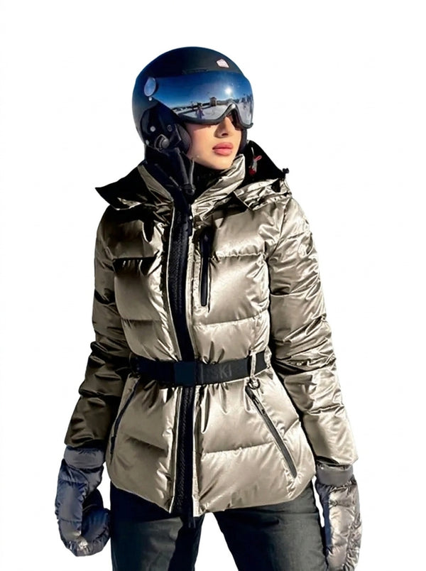 Damska pikowana kurtka puchowa z paskiem i kapturem-Jacket for women-Olave