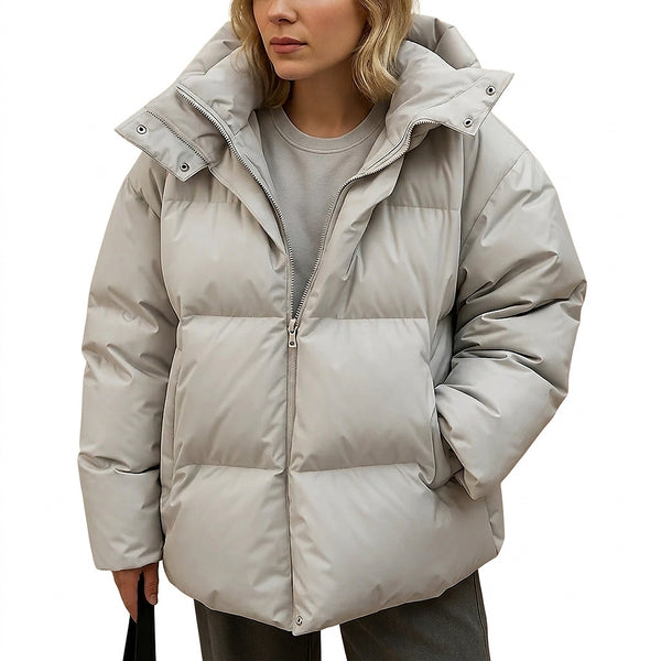 Damska pikowana kurtka typu puffer z kapturem i zapięciem na zamek-Jacket for women-Olave