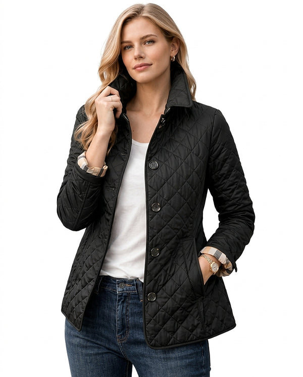 Damska pikowana kurtka zapinana na guziki z mankietami w kratę-Jacket for women-Olave