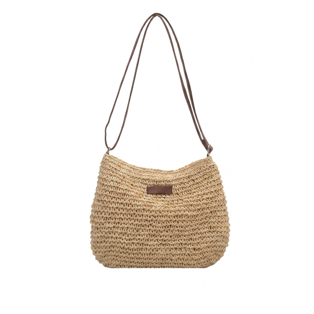 Damska pleciona torebka na ramię z naszywką i paskiem-Accessories for Women-Olave