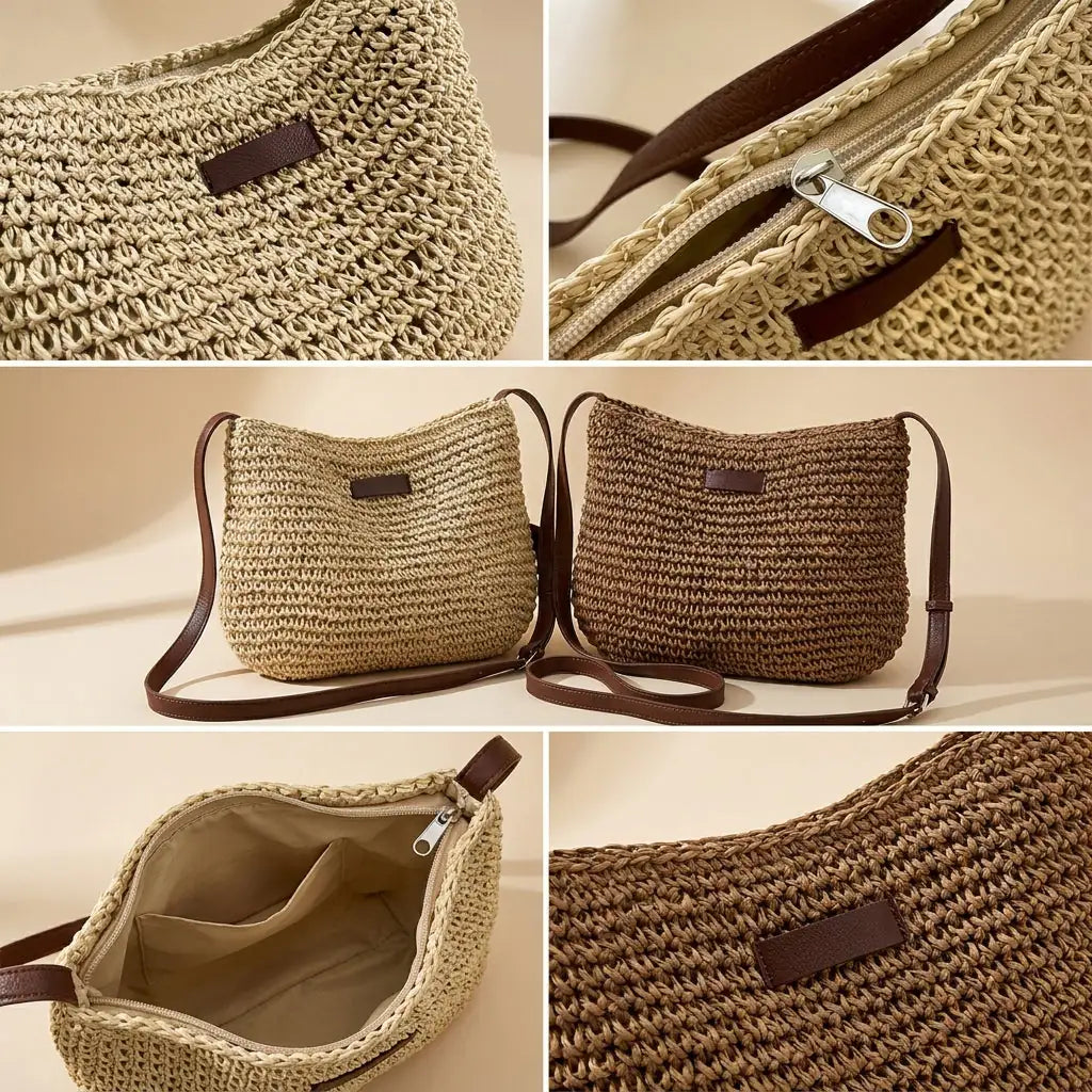 Damska pleciona torebka na ramię ze słomy-Accessories for Women-Olave