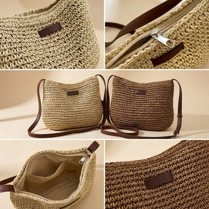 Damska pleciona torebka na ramię ze słomy-Accessories for Women-Olave