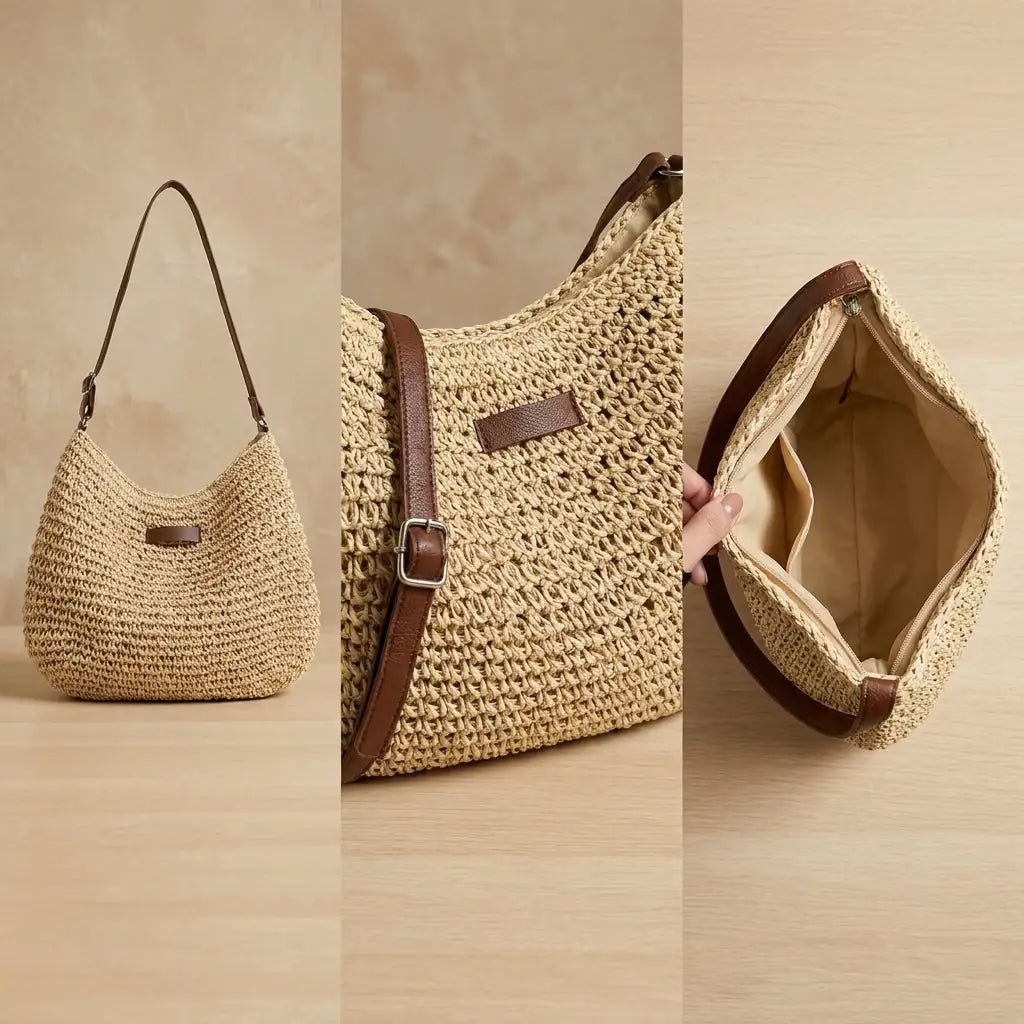 Damska pleciona torebka na ramię ze słomy-Accessories for Women-Olave
