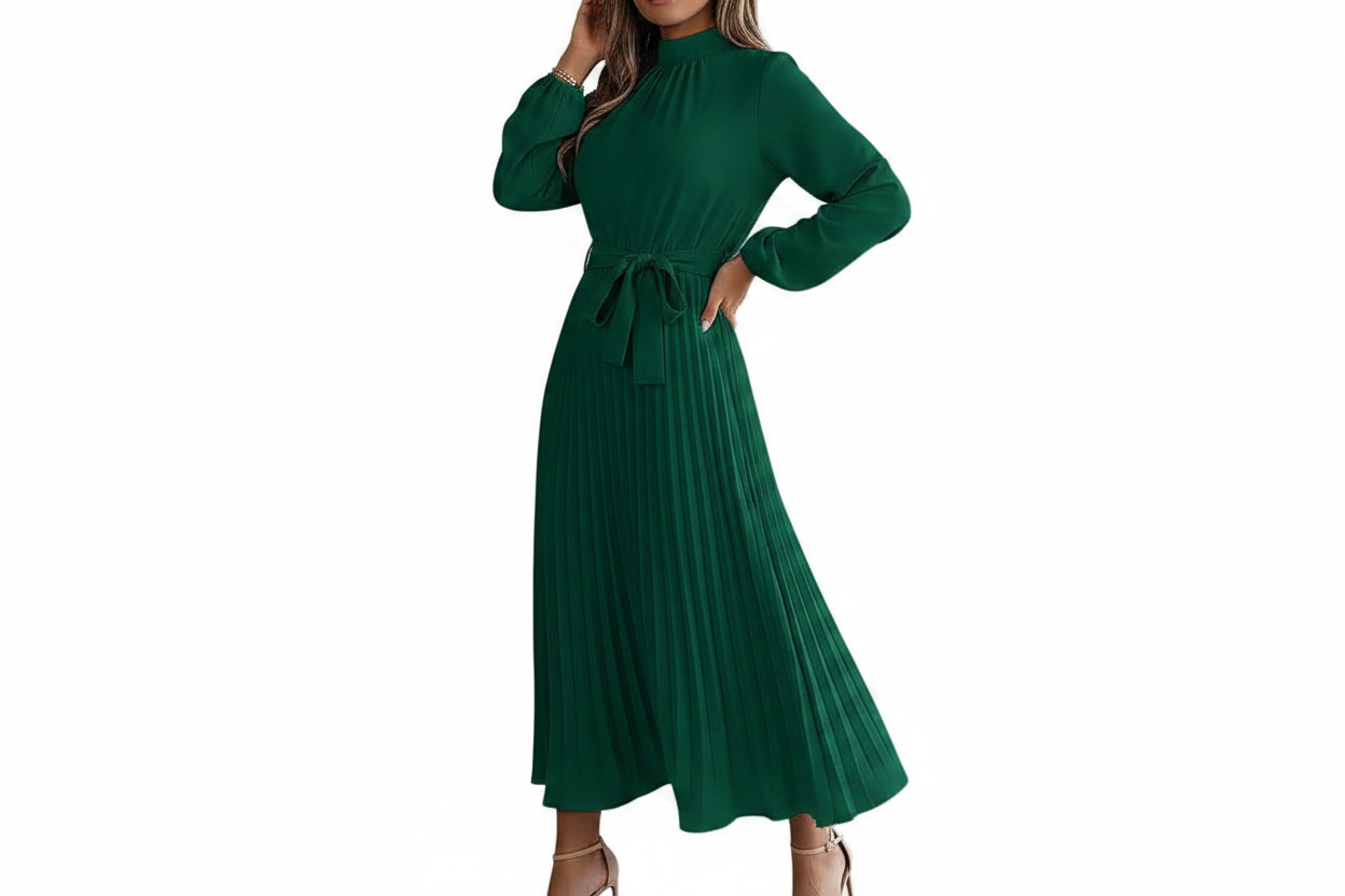 Damska plisowana sukienka midi z długim rękawem i wiązaniem w talii-Midi Dress-Olave