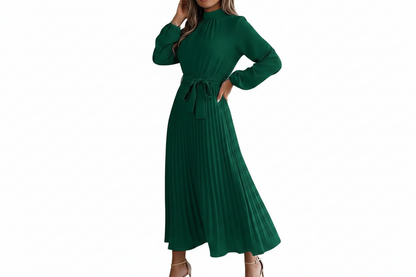 Damska plisowana sukienka midi z długim rękawem i wiązaniem w talii-Midi Dress-Olave