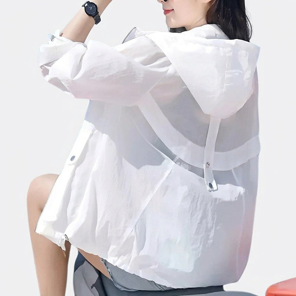Damska półprzezroczysta kurtka z kapturem i zamkiem błyskawicznym-Jacket for women-Olave