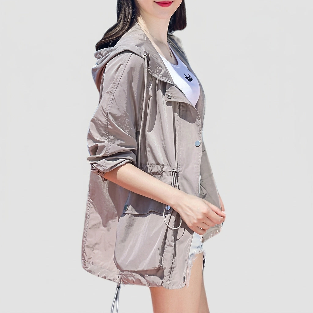 Damska półprzezroczysta kurtka z kapturem i zamkiem błyskawicznym-Jacket for women-Olave