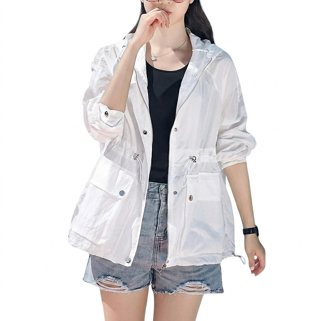 Damska półprzezroczysta kurtka z kapturem i zamkiem błyskawicznym-Jacket for women-Olave