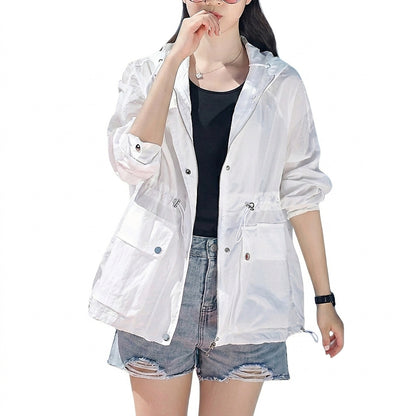 Damska półprzezroczysta kurtka z kapturem i zamkiem błyskawicznym-Jacket for women-Olave